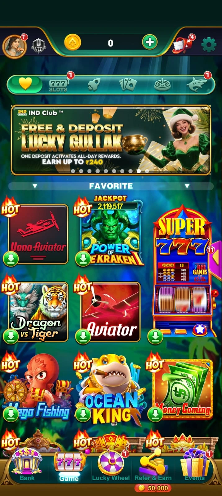IND Club App interface showing games and bonuses